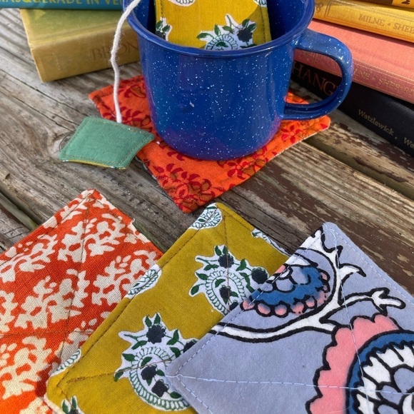 Teabag Quilted Bookmark + Set of 4 Quilted Random Boho Print Coaster Mug Rugs - Picture 7 of 10